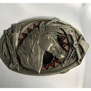 Vintage 90's C&J Belt Buckle Native American Horse Feather Arrow Enamel Oval 3”